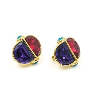 Vintage Trifari 1980s Statement Clip-On Earrings - Pink & Purple Lucite Cabochon